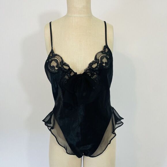 Vintage Josie Lingerie Satin Bodysuit Women's Size Medium Black Lace Bow - Picture 2 of 10